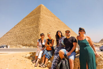A picture of a group in front of the pyramid of Khufu
